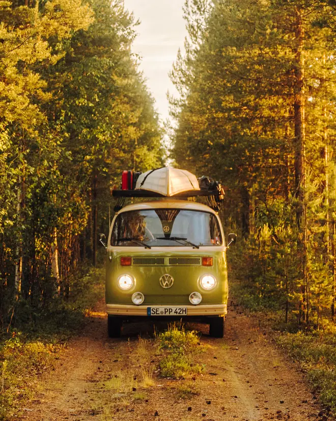 Sepp, der grüne VW T2 mit Kanu auf dem Dach, fährt im Abendlicht über einen Waldweg